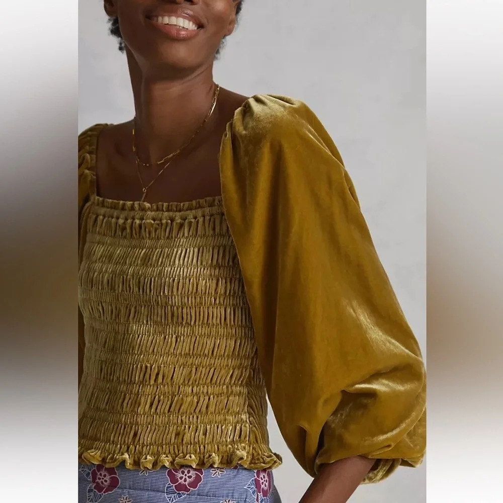 Anthropologie | Gold Yellow Puff Long Sleeved‎ Smocked Velvet Blouse size S
